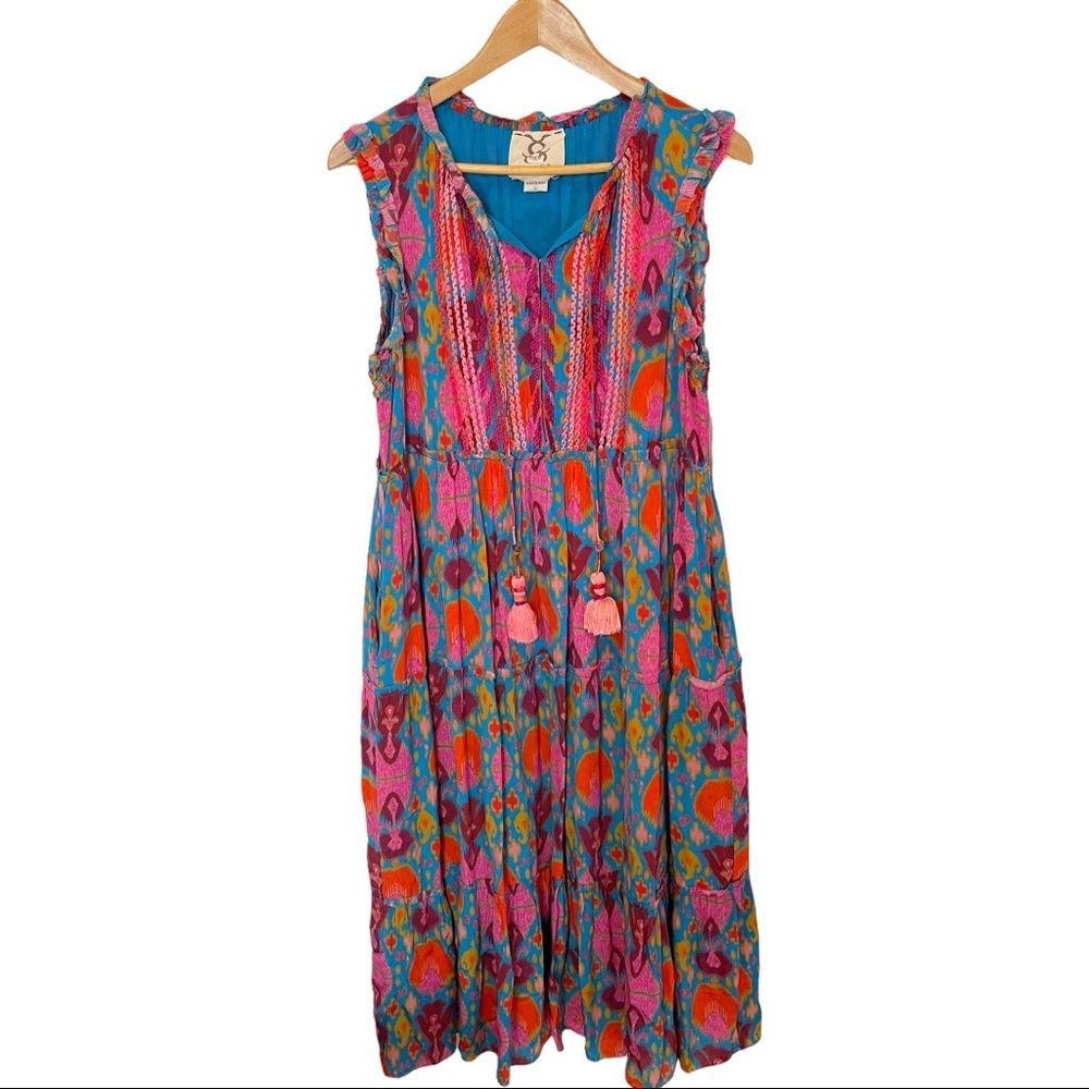 Figue Sleeveless V-Neck Patterned Midi Dress in Pink & Blue